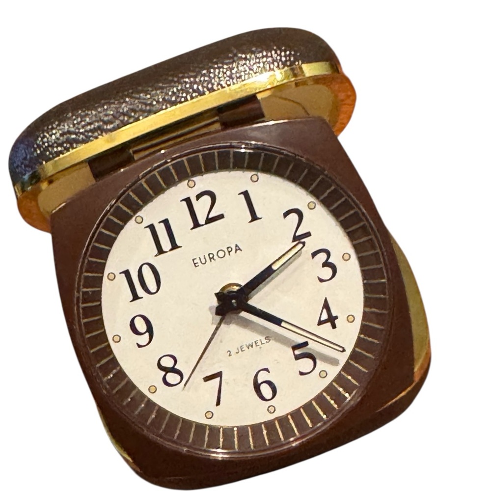 Europa Brown Vintage Gold Travel Alarm Clock Germany Working! 1950s